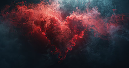 An abstract image of red and blue smoke swirling on a black background.の素材