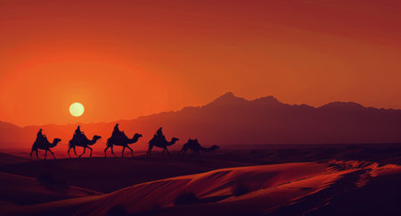 A group of camels walk across a desert landscape as the sun sets, casting a red glow over the scene.の素材