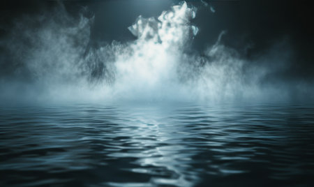 A dark, moody image of fog hanging low over a rippling water surface under a dark, cloudy sky at night.の素材