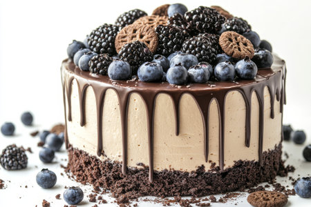 A decadent chocolate cake is topped with a glaze and adorned with fresh blueberries, blackberries, and chocolate cookies.の素材