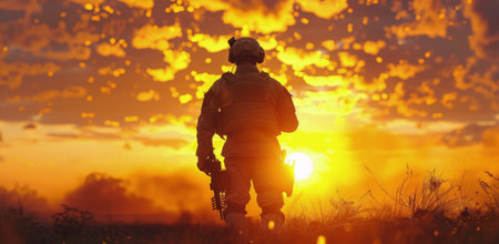 A silhouette of a soldier in full gear stands in a field, facing away from the camera, with the setting sun casting a warm glow over the scene.の素材