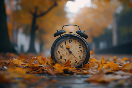 An old fashioned alarm clock sits among colorful autumn leaves on a city sidewalk. The early morning light casts a gentle glow, highlighting the seasonal beauty and tranquility.の素材