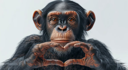 Close-up portrait of a chimpanzee looking directly at the camera and forming a heart shape with its hands.の素材