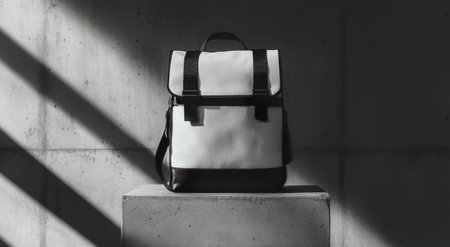 A modern backpack sits on a concrete pedestal in a minimalist indoor space with abstract light patterns. The environment enhances the bags design, emphasizing its clean lines and functionality.の素材