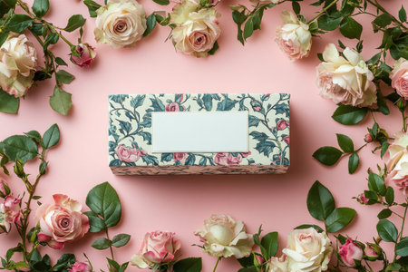 A decorative box sits in the center, surrounded by an elegant arrangement of soft pink roses against a pastel pink background. The setting creates a romantic and inviting atmosphere.の素材