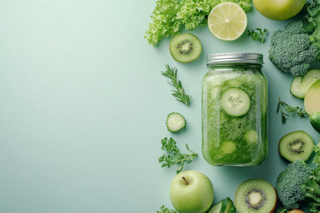 A glass jar filled with a vibrant green smoothie is surrounded by fresh fruits and vegetables such as cucumber, kiwi, and greens. The setup features a light blue background enhancing the colors.の素材