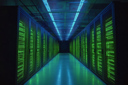 Rows of glowing green servers illuminated a high tech data center, surrounded by blue lighting. The cool colors create a futuristic atmosphere in this modern storage facility.の素材