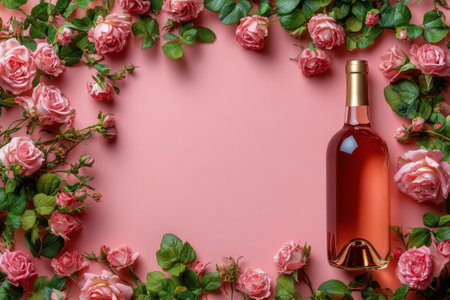 A bottle of ros wine sits elegantly among cascading pink roses and green leaves. Soft petals scatter around, creating a romantic and refined atmosphere ideal for a special occasion.の素材