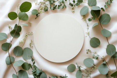 A circular white platform is placed in the center, embellished with fresh green leaves and small flowers, creating a serene and minimalistic arrangement on a light textured surface.の素材