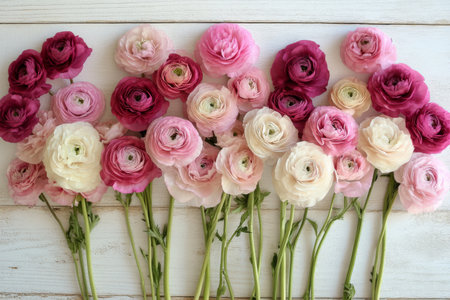 A vibrant display of ranunculus flowers in varying shades of pink and white lies on a rustic wooden surface.の素材