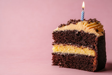 A tasty slice of vanilla cake displays fluffy layers and creamy frosting, adorned with a single lit candle, set against a vibrant pink background for a festive look.の素材