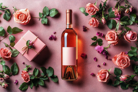 A bottle of ros wine sits elegantly among cascading pink roses and green leaves. Soft petals scatter around, creating a romantic and refined atmosphere ideal for a special occasion.の素材