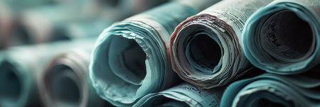 A close-up shot of rolled-up newspapers with a blue hue, capturing the intricate detail of the papers texture and the warm lighting.の素材