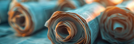 A close-up shot of rolled-up newspapers with a blue hue, capturing the intricate detail of the papers texture and the warm lighting.の素材
