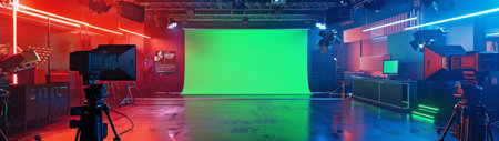 A professional video studio equipped with a green screen, multiple cameras, and lighting equipment, ready for film and video production.の素材