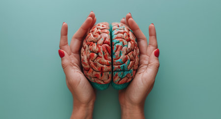 A close-up image of a colorful model brain held in two hands against a light blue background.の素材