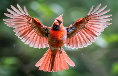 A male Northern Cardinal with bright red feathers flies with its wings spread wide, showing its striking plumage against a background of lush green foliage.の素材
