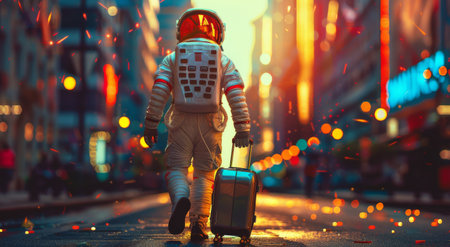 An astronaut walks down a city street with a suitcase, with a large red moon in the background.の素材