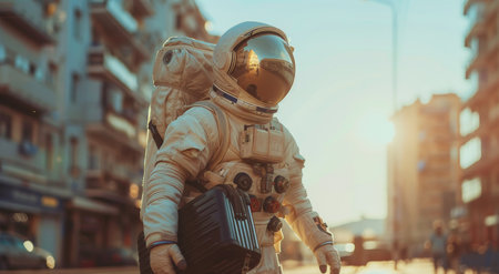 An astronaut walks down a city street with a suitcase, with a large red moon in the background.の素材
