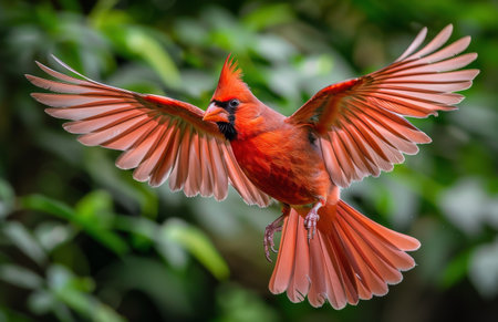 A male Northern Cardinal with bright red feathers flies with its wings spread wide, showing its striking plumage against a background of lush green foliage.の素材