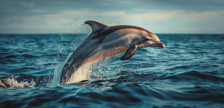 A dolphin leaps out of the water on a sunny day with a clear blue sky in the background.の素材