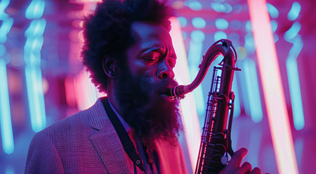 A man plays a saxophone under brightly colored neon lights in a nightclub.の素材