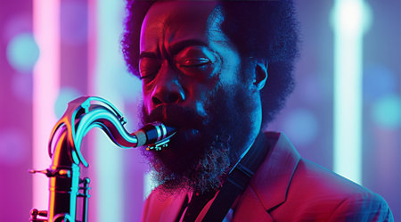 A man plays a saxophone under brightly colored neon lights in a nightclub.の素材