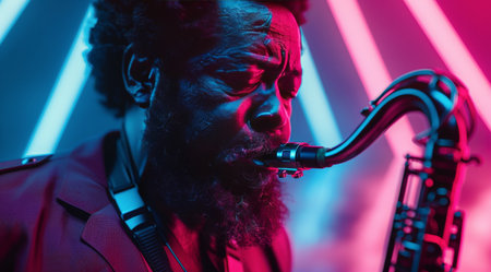 A man plays a saxophone under brightly colored neon lights in a nightclub.の素材