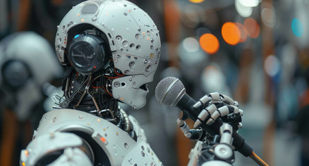 A white robot holds a microphone in front of a blurred background, presumably during a public speaking event.の素材
