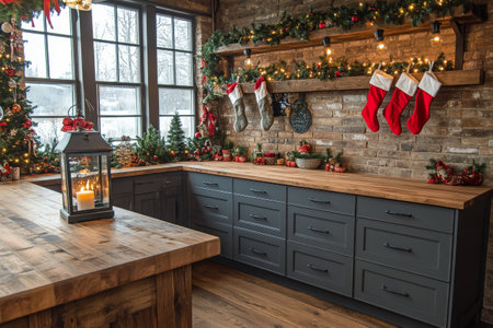 The kitchen is beautifully decorated for the holiday season, featuring stockings hung by the brick wall and a warm glow from lanterns. A stylish wooden countertop complements the festive decor.の素材
