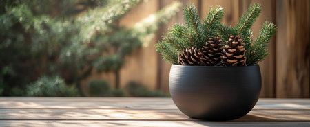 A black bowl containing pinecones and fresh evergreen branches is beautifully arranged. The rustic wooden background enhances the natural beauty of the composition.の素材