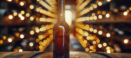 A close-up shot of wine bottles stored in a dimly lit wine cellar, illuminated by warm light. The bottles are arranged in rows, with the focus on the bottles in the foreground.の素材
