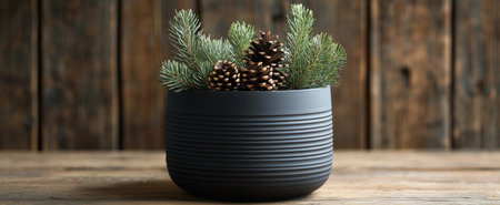 A black bowl containing pinecones and fresh evergreen branches is beautifully arranged. The rustic wooden background enhances the natural beauty of the composition.の素材