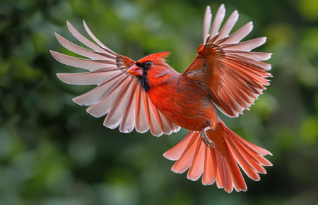 A vivid red cardinal bird with black eyes soars through the air with its wings spread wide, showing its vibrant plumage against a blurred green background.の素材