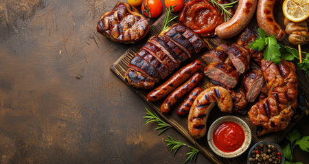 A wooden platter filled with a variety of grilled meats and sausages, including pork chops, steak, and bratwurst, served with mustard and rosemary.の素材