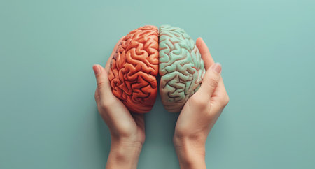 Two hands hold model brains, one blue and one pink, against a teal background.の素材