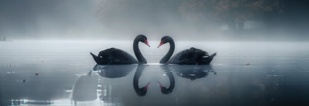 Two black swans with red beaks are intertwined on a calm, misty lake at dawn. The image is a serene depiction of love and connection in nature.の素材