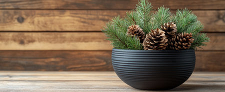 A black bowl containing pinecones and fresh evergreen branches is beautifully arranged. The rustic wooden background enhances the natural beauty of the composition.の素材