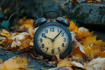 An old alarm clock sits among fallen autumn leaves, showcasing its weathered face and metallic casing. The natural setting highlights the transition of seasons, representing times passage.の素材