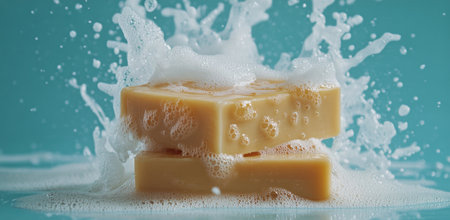A thick bar of soap rests atop a stack while surrounded by frothy bubbles. The vibrant light blue backdrop adds a fresh, clean feel, enhancing the focus on the soap.の素材
