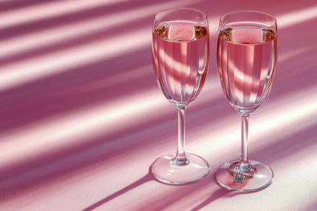 Two elegant glasses filled with sparkling ros are placed against a soft pink background, with gentle shadows creating a calming atmosphere. The sunlight enhances the beauty of the scene.の素材