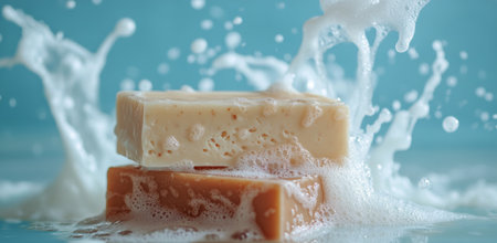 A thick bar of soap rests atop a stack while surrounded by frothy bubbles. The vibrant light blue backdrop adds a fresh, clean feel, enhancing the focus on the soap.の素材