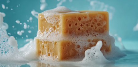 A thick bar of soap rests atop a stack while surrounded by frothy bubbles. The vibrant light blue backdrop adds a fresh, clean feel, enhancing the focus on the soap.の素材