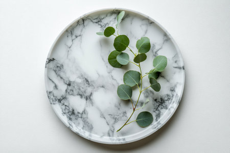 Fresh eucalyptus branches are artfully placed on a smooth, round marble platter, creating a serene and elegant aesthetic against a softly lit background.の素材