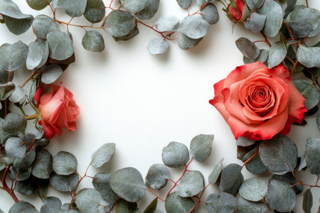 Fresh red roses are elegantly arranged with eucalyptus leaves on a light background, creating a simple yet charming decorative display suitable for various occasions.の素材