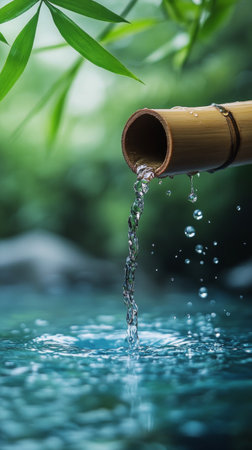 Water flows from a bamboo tube into a tranquil pond, creating ripples on the surface. Lush green leaves provide a calming backdrop, enhancing the peaceful atmosphere of nature.の素材