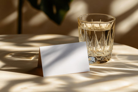 A clear glass holds amber liquid, placed beside a blank card on a softly illuminated table. Warm tones and gentle shadows create a cozy atmosphere, inviting creativity or reflection.の素材