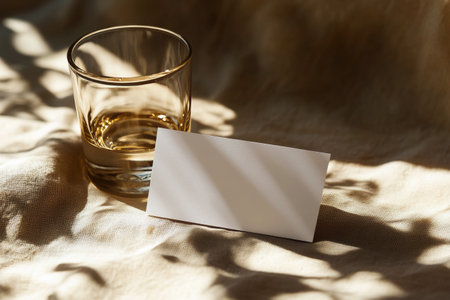 A clear glass holds amber liquid, placed beside a blank card on a softly illuminated table. Warm tones and gentle shadows create a cozy atmosphere, inviting creativity or reflection.の素材
