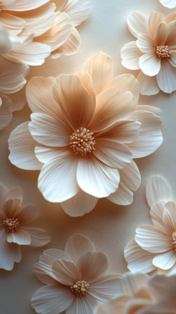 A group of elegant cream flowers showcases detailed petals and soft textures, evoking a calming feeling of springtime tranquility and natural beauty in a softly lit environment.の素材