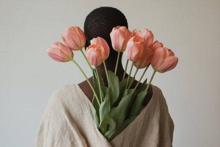 A woman stands with her back to the viewer, cradling vibrant pink tulips in each arm. The soft lighting highlights her natural hairstyle, creating a serene atmosphere.の素材